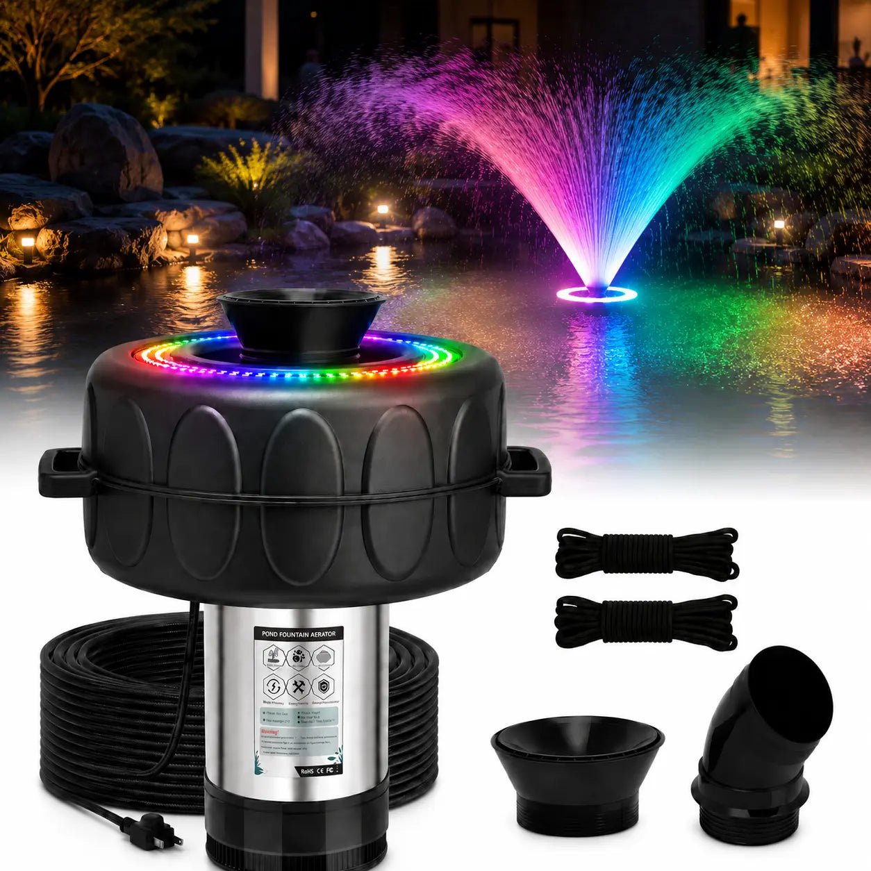 Floating Pond Aerator Fountain Pump for Summer Garden, 1HP 750W Oxygenator with 100Ft Cord, 33-Ft Guide Ropes,High-Quality PVC Float, Interchangeable Nozzles, ,360-Degree V-Spray for Outdoor Fish Ponds & Water Features