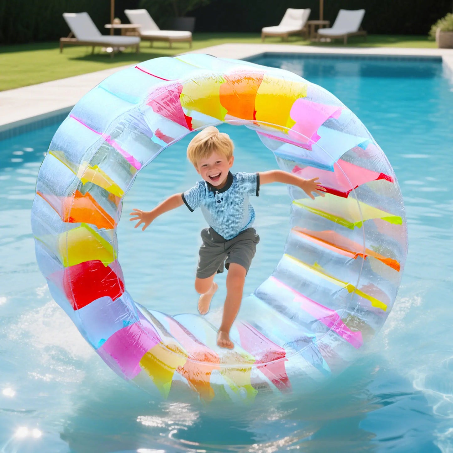 Zcaukya 47" Outer Diameter Kiddie Inflatable Wheel Roller - Colorful Stripes, Compact Deflation, Pool & Lawn Fun Toy for Kids