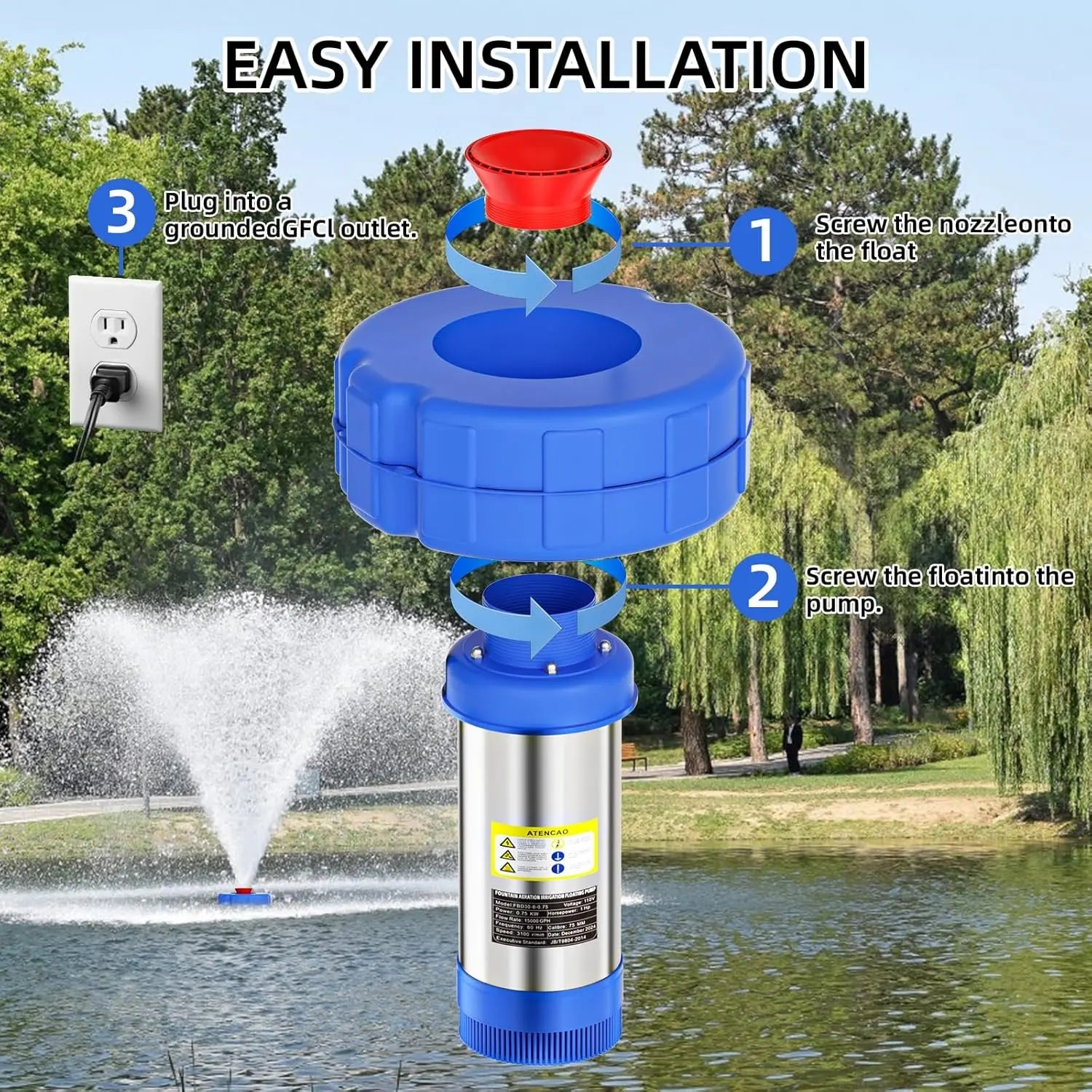 Floating Pond Aerator Fountain Pump for Summer Garden, 1HP 750W Oxygenator with 100Ft Cord, 33-Ft Guide Ropes，High-Quality PVC Float, Interchangeable Nozzles, ，360-Degree V-Spray for Outdoor Fish Ponds & Water Features