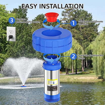 Floating Pond Aerator Fountain Pump for Summer Garden, 1HP 750W Oxygenator with 100Ft Cord, 33-Ft Guide Ropes，High-Quality PVC Float, Interchangeable Nozzles, ，360-Degree V-Spray for Outdoor Fish Ponds & Water Features