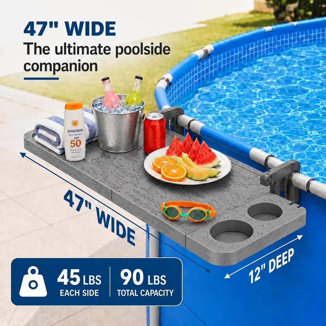 Pool Bar for above Ground Pool, Swim up Bars for Pool, 47" X 12" Pool Side Table with 90 Lbs Capacity, Poolside Bar Clip-On Foldable Tabletop Easy Install