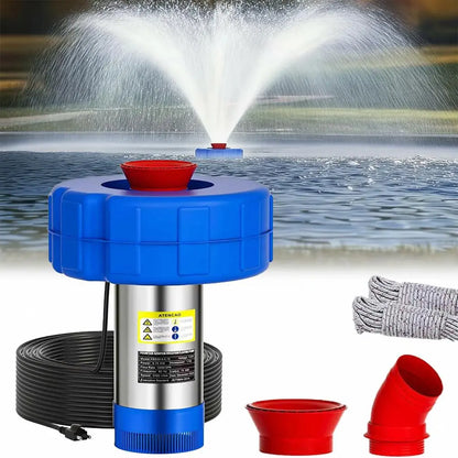 Floating Pond Aerator Fountain Pump for Summer Garden, 1HP 750W Oxygenator with 100Ft Cord, 33-Ft Guide Ropes，High-Quality PVC Float, Interchangeable Nozzles, ，360-Degree V-Spray for Outdoor Fish Ponds & Water Features
