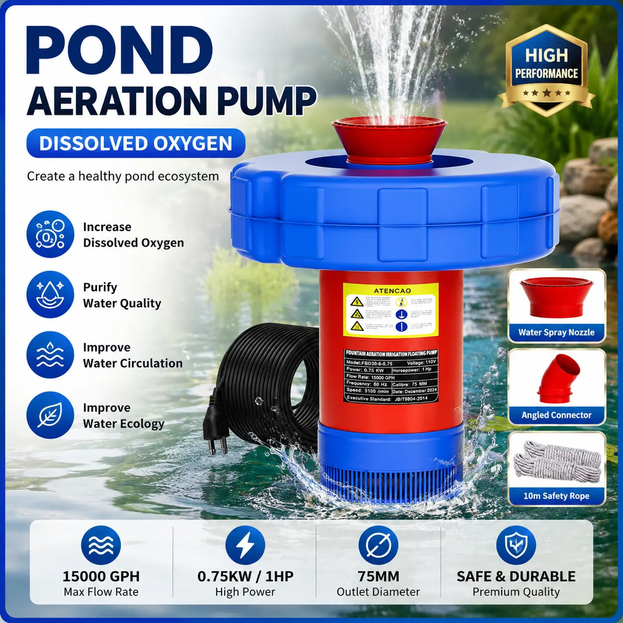 Floating Pond Aerator Fountain Pump for Summer Garden, 1HP 750W Oxygenator with 100Ft Cord, 33-Ft Guide Ropes，High-Quality PVC Float, Interchangeable Nozzles, ，360-Degree V-Spray for Outdoor Fish Ponds & Water Features