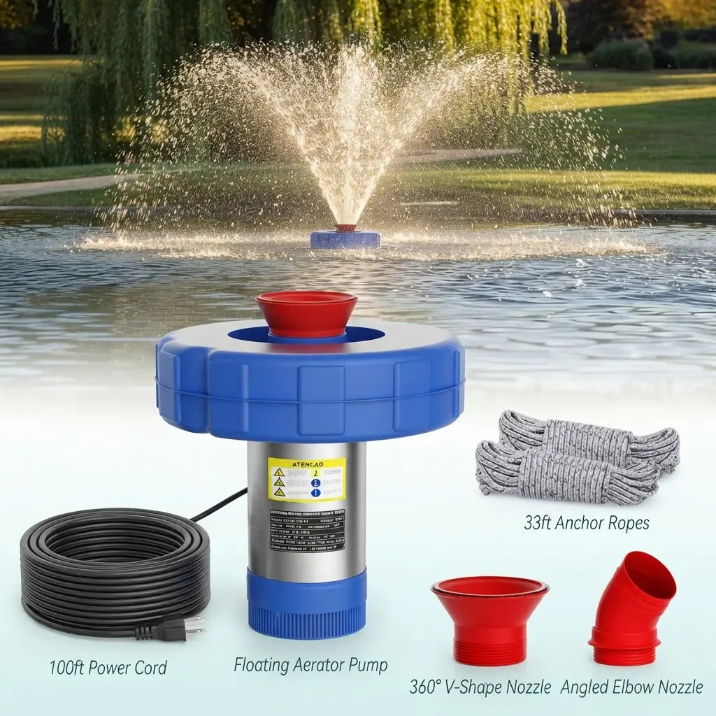 Floating Pond Aerator Fountain Pump for Summer Garden, 1HP 750W Oxygenator with 100Ft Cord, 33-Ft Guide Ropes，High-Quality PVC Float, Interchangeable Nozzles, ，360-Degree V-Spray for Outdoor Fish Ponds & Water Features