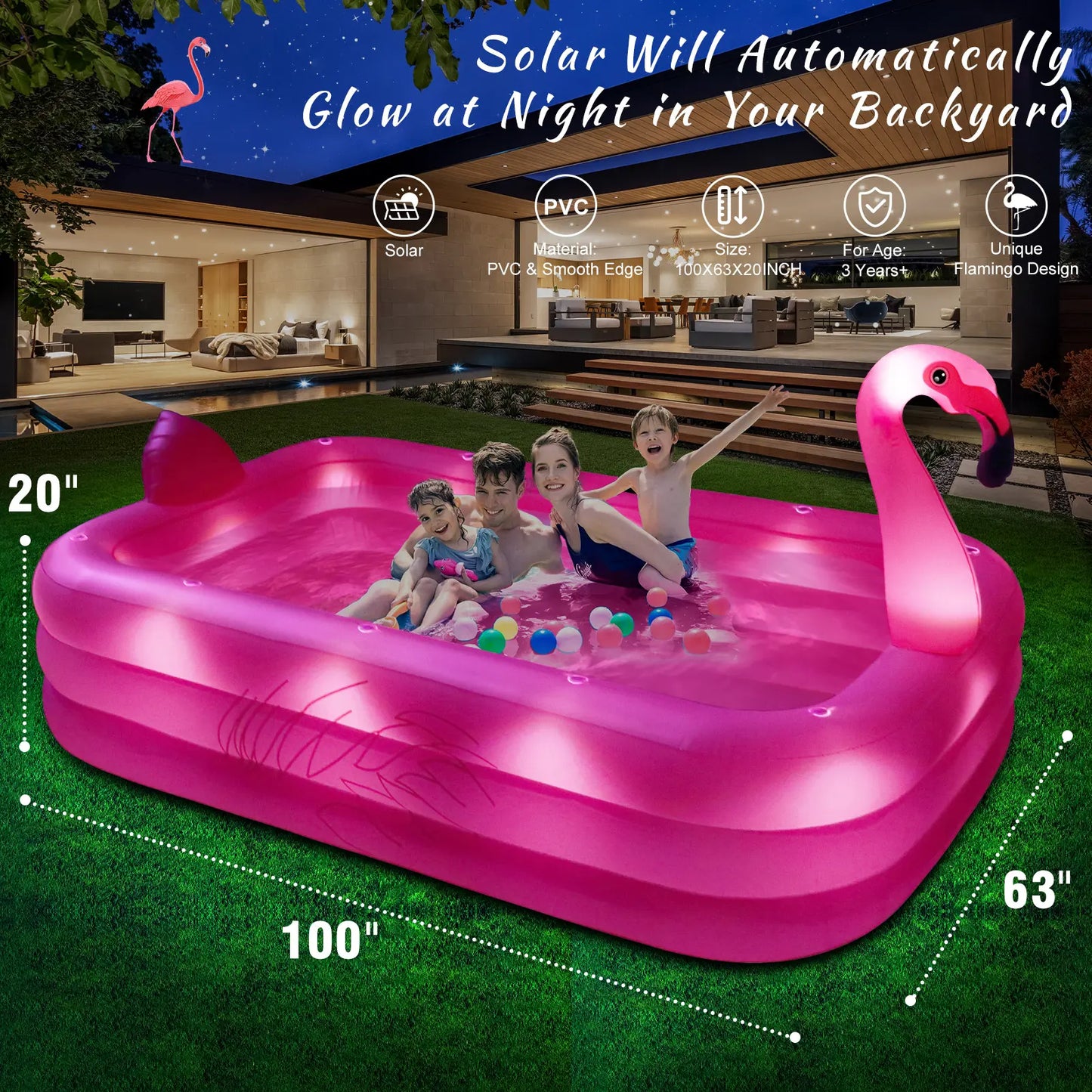 Solar Flamingo Swimming Pool for Kids,Wavehaven Inflatable Pool with Lights, Adults Inflatable Blow up Pool, Large Kiddie Pool,Durable Thickened Kids Pool for Backyard,Outdoor,100"X63"X20"-Bright Pink,#Summervibes