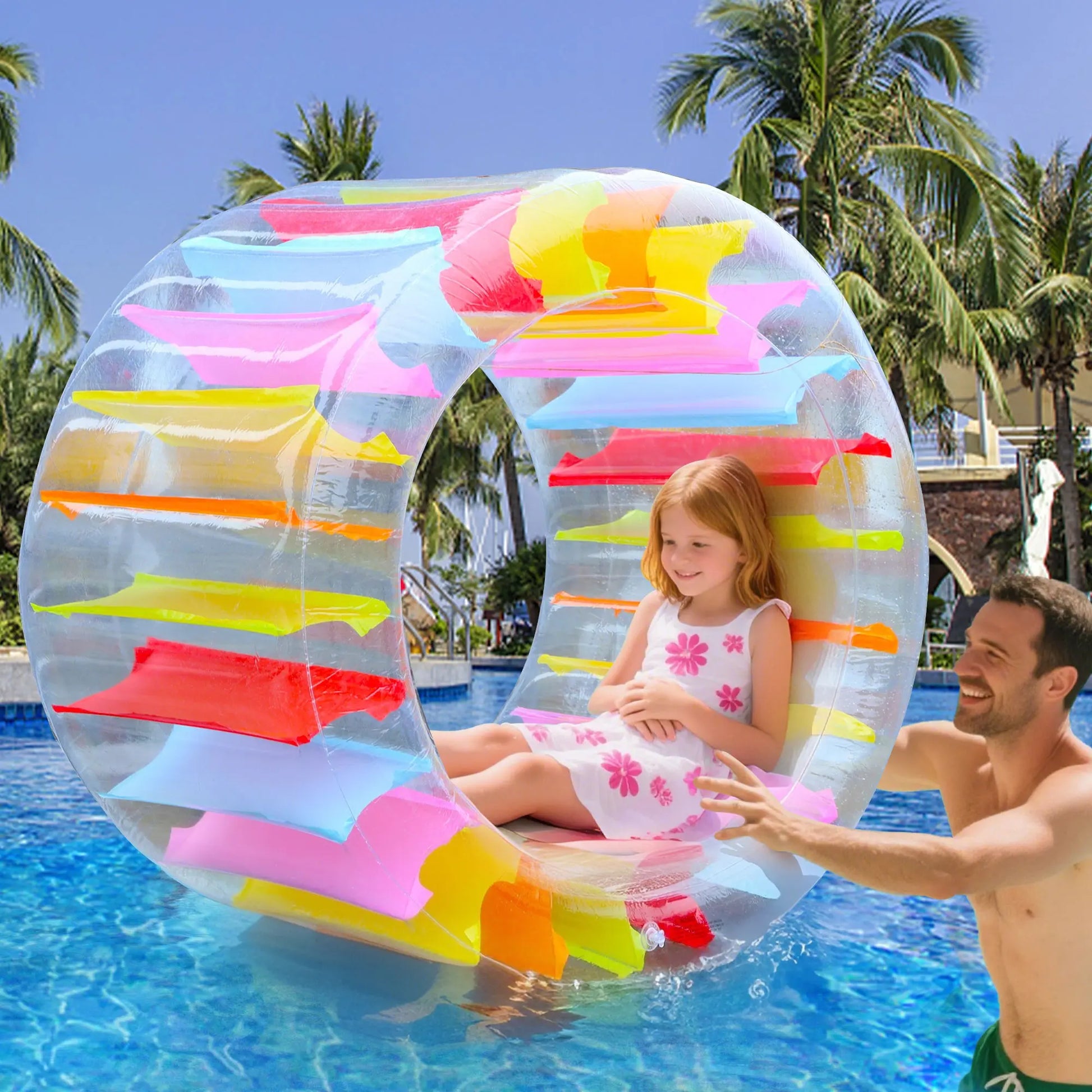 Zcaukya 47" Outer Diameter Kiddie Inflatable Wheel Roller - Colorful Stripes, Compact Deflation, Pool & Lawn Fun Toy for Kids