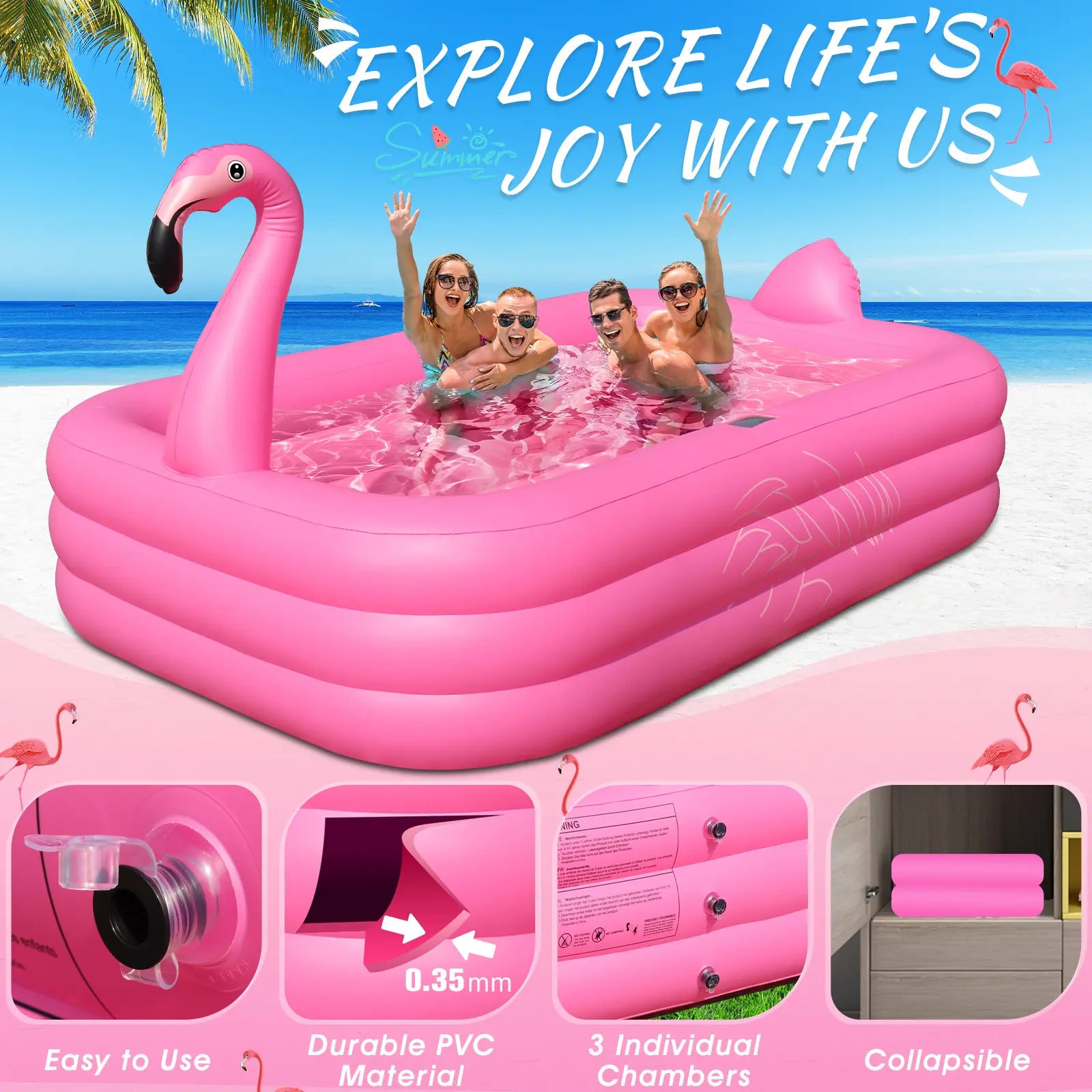 Solar Flamingo Swimming Pool for Kids,Wavehaven Inflatable Pool with Lights, Adults Inflatable Blow up Pool, Large Kiddie Pool,Durable Thickened Kids Pool for Backyard,Outdoor,100"X63"X20"-Bright Pink,#Summervibes