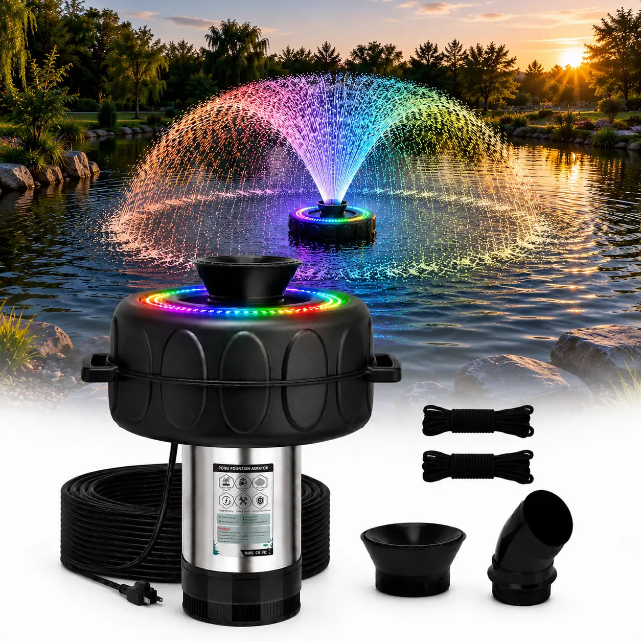 Floating Pond Aerator Fountain Pump for Summer Garden, 1HP 750W Oxygenator with 100Ft Cord, 33-Ft Guide Ropes，High-Quality PVC Float, Interchangeable Nozzles, ，360-Degree V-Spray for Outdoor Fish Ponds & Water Features