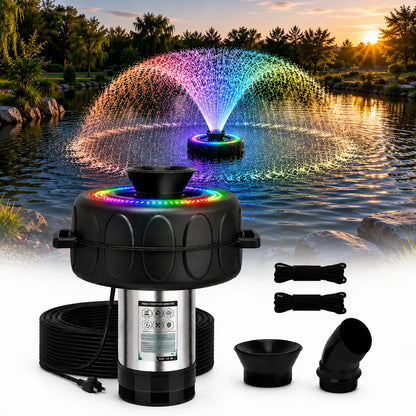 Floating Pond Aerator Fountain Pump for Summer Garden, 1HP 750W Oxygenator with 100Ft Cord, 33-Ft Guide Ropes，High-Quality PVC Float, Interchangeable Nozzles, ，360-Degree V-Spray for Outdoor Fish Ponds & Water Features
