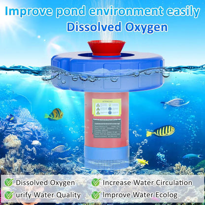 Floating Pond Aerator Fountain Pump for Summer Garden, 1HP 750W Oxygenator with 100Ft Cord, 33-Ft Guide Ropes，High-Quality PVC Float, Interchangeable Nozzles, ，360-Degree V-Spray for Outdoor Fish Ponds & Water Features