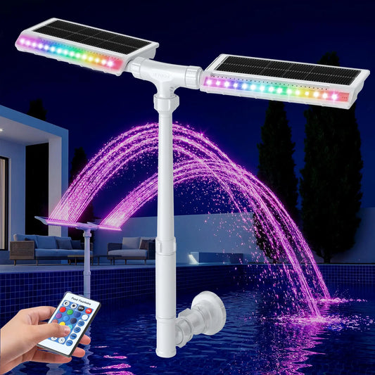 Extended Solar Pool Fountain – 10-Color LED Lights, Dual Sprinkler, Remote Control, Auto Light Sensing, 4 Modes, Pool Decoration for Above/Inground Pools