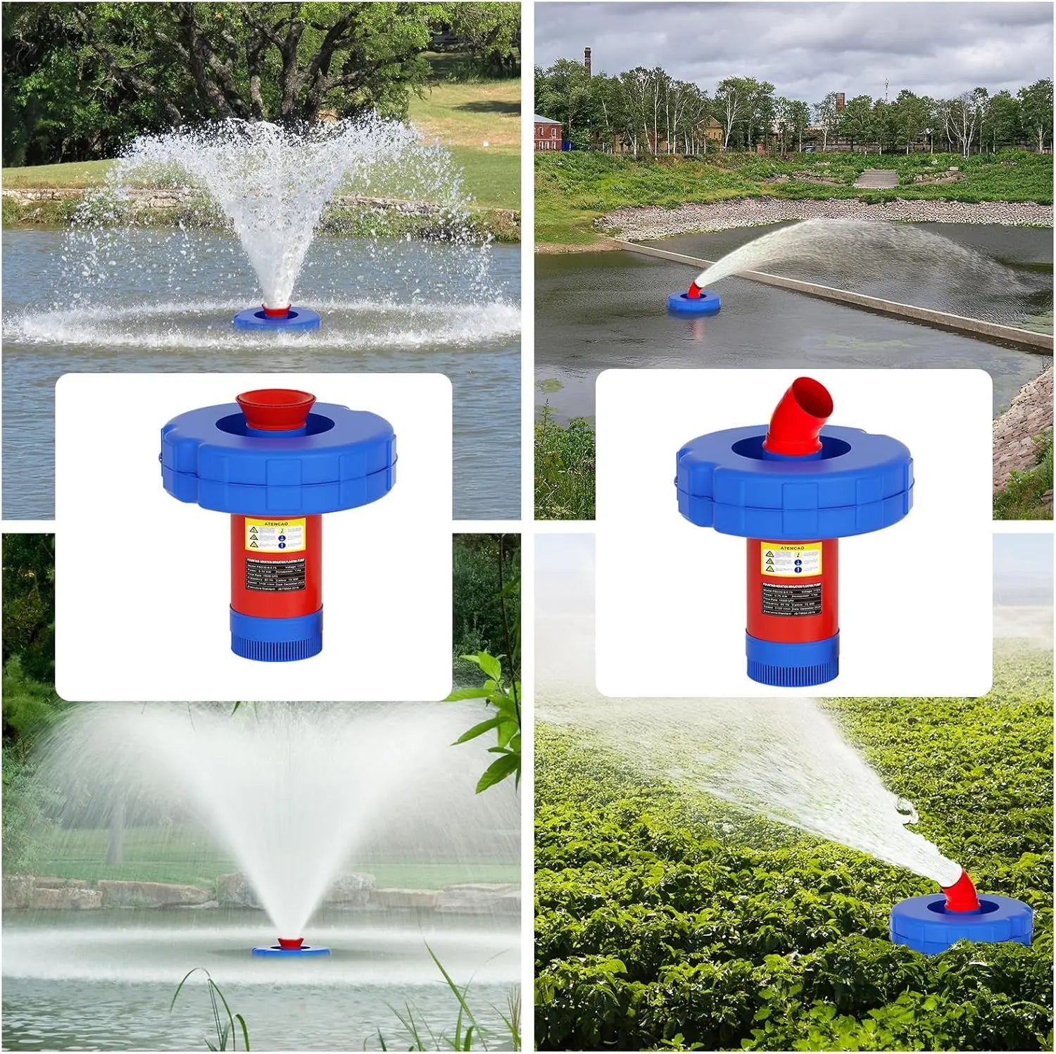 Floating Pond Aerator Fountain Pump for Summer Garden, 1HP 750W Oxygenator with 100Ft Cord, 33-Ft Guide Ropes，High-Quality PVC Float, Interchangeable Nozzles, ，360-Degree V-Spray for Outdoor Fish Ponds & Water Features