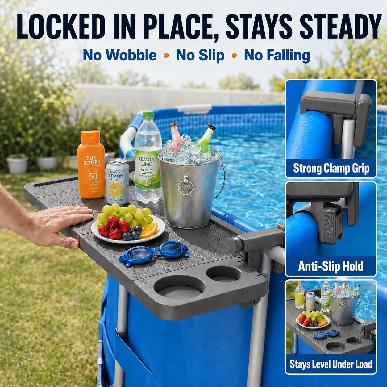Pool Bar for above Ground Pool, Swim up Bars for Pool, 47" X 12" Pool Side Table with 90 Lbs Capacity, Poolside Bar Clip-On Foldable Tabletop Easy Install