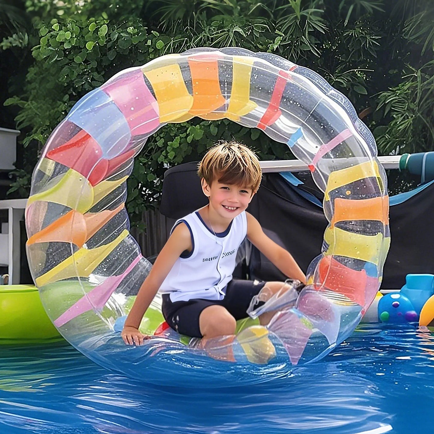Zcaukya 47" Outer Diameter Kiddie Inflatable Wheel Roller - Colorful Stripes, Compact Deflation, Pool & Lawn Fun Toy for Kids