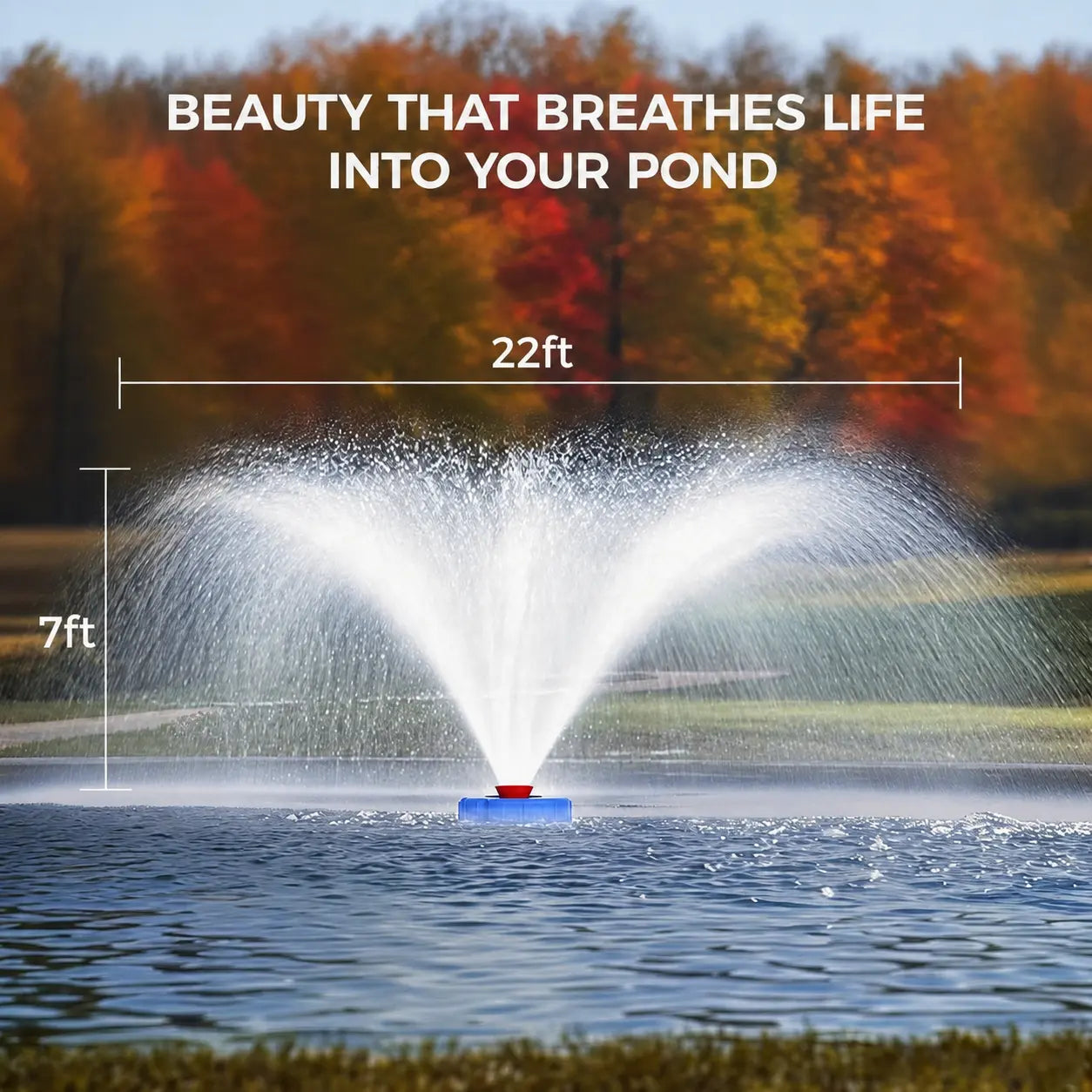 Floating Pond Aerator Fountain Pump for Summer Garden, 1HP 750W Oxygenator with 100Ft Cord, 33-Ft Guide Ropes，High-Quality PVC Float, Interchangeable Nozzles, ，360-Degree V-Spray for Outdoor Fish Ponds & Water Features