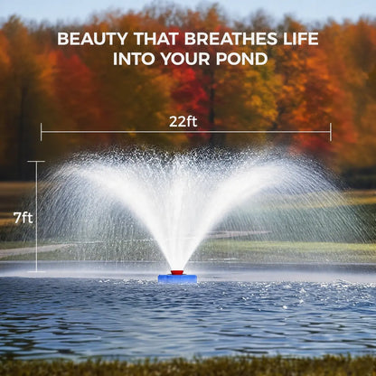Floating Pond Aerator Fountain Pump for Summer Garden, 1HP 750W Oxygenator with 100Ft Cord, 33-Ft Guide Ropes，High-Quality PVC Float, Interchangeable Nozzles, ，360-Degree V-Spray for Outdoor Fish Ponds & Water Features