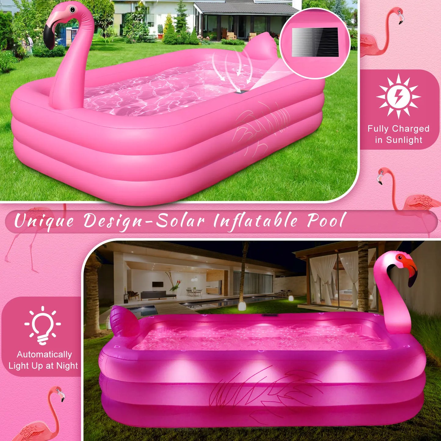 Solar Flamingo Swimming Pool for Kids,Wavehaven Inflatable Pool with Lights, Adults Inflatable Blow up Pool, Large Kiddie Pool,Durable Thickened Kids Pool for Backyard,Outdoor,100"X63"X20"-Bright Pink,#Summervibes
