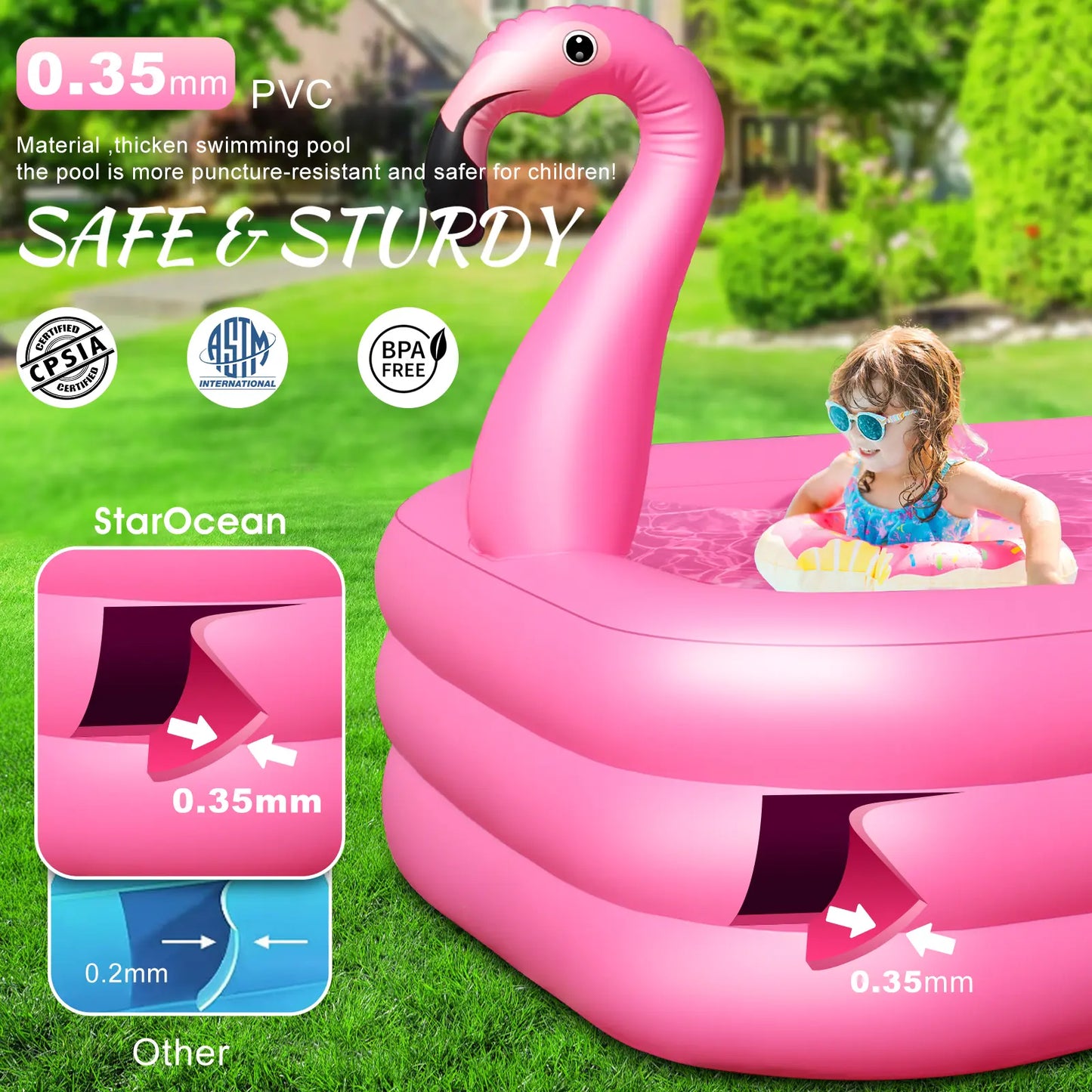 Solar Flamingo Swimming Pool for Kids,Wavehaven Inflatable Pool with Lights, Adults Inflatable Blow up Pool, Large Kiddie Pool,Durable Thickened Kids Pool for Backyard,Outdoor,100"X63"X20"-Bright Pink,#Summervibes