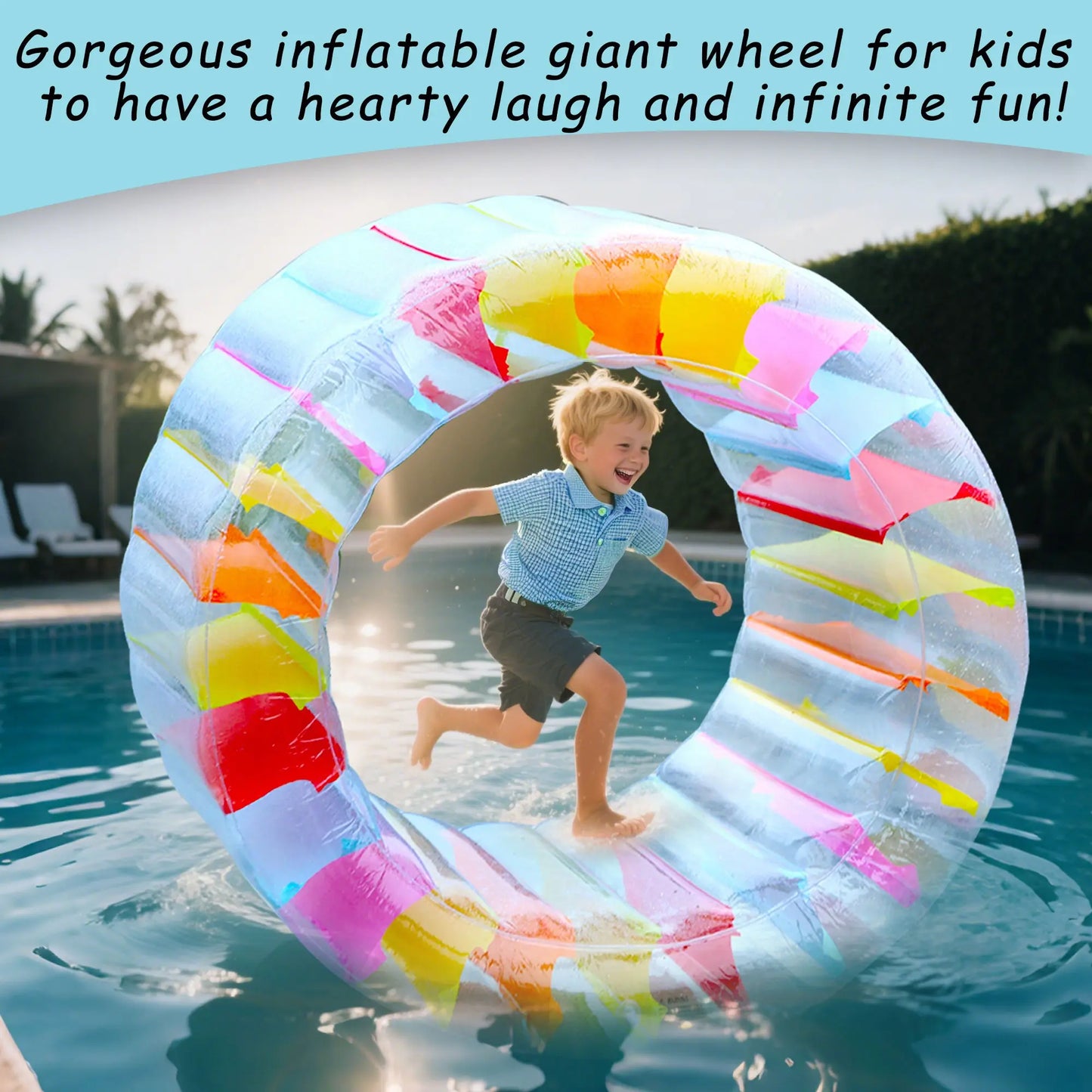 Zcaukya 47" Outer Diameter Kiddie Inflatable Wheel Roller - Colorful Stripes, Compact Deflation, Pool & Lawn Fun Toy for Kids