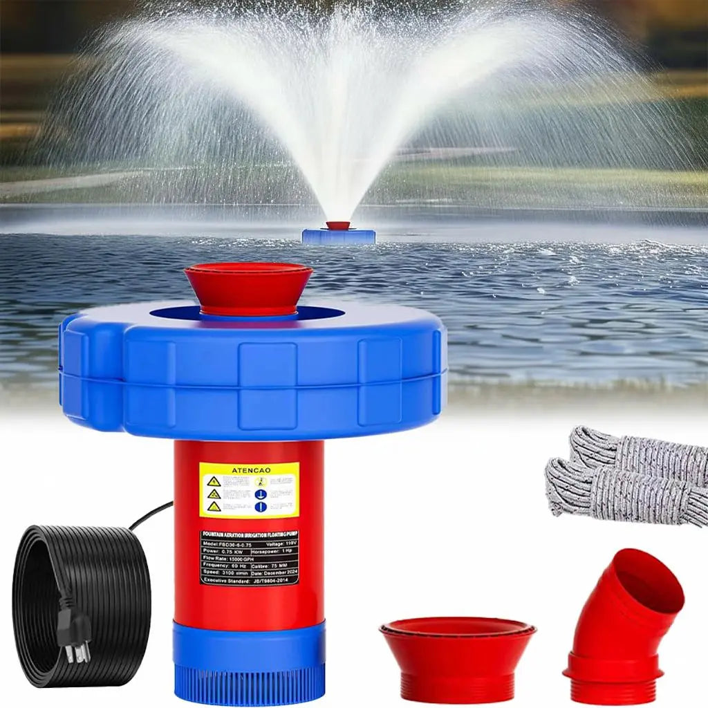 Floating Pond Aerator Fountain Pump for Summer Garden, 1HP 750W Oxygenator with 100Ft Cord, 33-Ft Guide Ropes，High-Quality PVC Float, Interchangeable Nozzles, ，360-Degree V-Spray for Outdoor Fish Ponds & Water Features