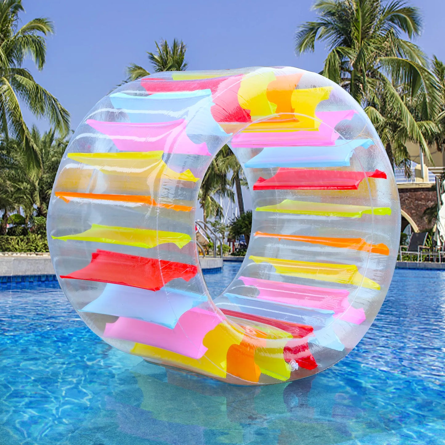 Zcaukya 47" Outer Diameter Kiddie Inflatable Wheel Roller - Colorful Stripes, Compact Deflation, Pool & Lawn Fun Toy for Kids